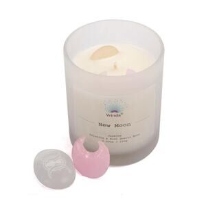 New Moon Crystal Infused Scented Soy Candle |Contains Rose Quartz Moon& Selenite